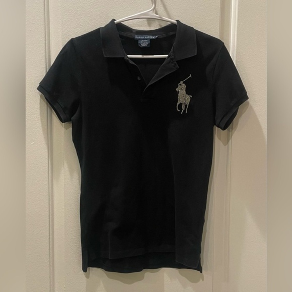 Ralph Lauren Black Polo Shirt/Rhinestone Pony Logo - Picture 2 of 6